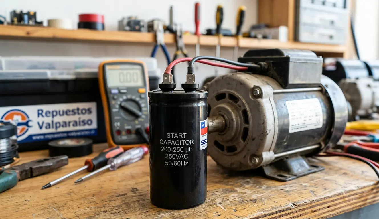 Primer plano de un capacitor de arranque negro (200-250 µF 250VAC) sobre un banco de herramientas de taller eléctrico en Chile, conectado a un motor monofásico con herramientas de fondo y certificación SEC visible.
