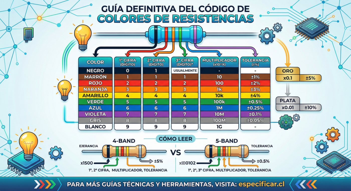 Código de Colores de Resistencia Infografía completa del código de colores de resistencia para electrónica: guía de valores, multiplicadores y tolerancia de 4 y 5 bandas - especificar.cl