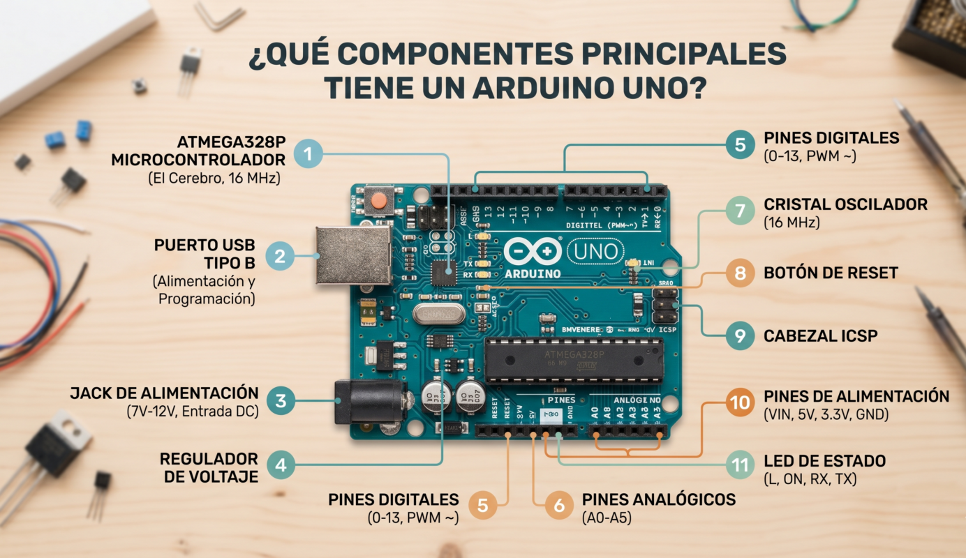 Placa Arduino Uno vista desde arriba mostrando sus componentes principales, incluyendo el microcontrolador ATmega328P, pines y puertos de conexión.