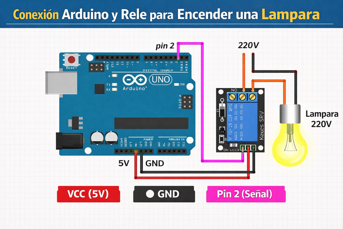 Cómo Conectar Módulo Relé 5V a Arduino Uno Diagrama técnico de conexión segura entre Arduino Uno y módulo relé de 5V para controlar una ampolleta de 220V