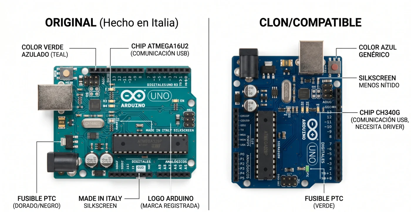 Comparativa visual entre una placa Arduino Uno original de color verde azulado y una placa compatible SMD destacando el chip de comunicación USB.