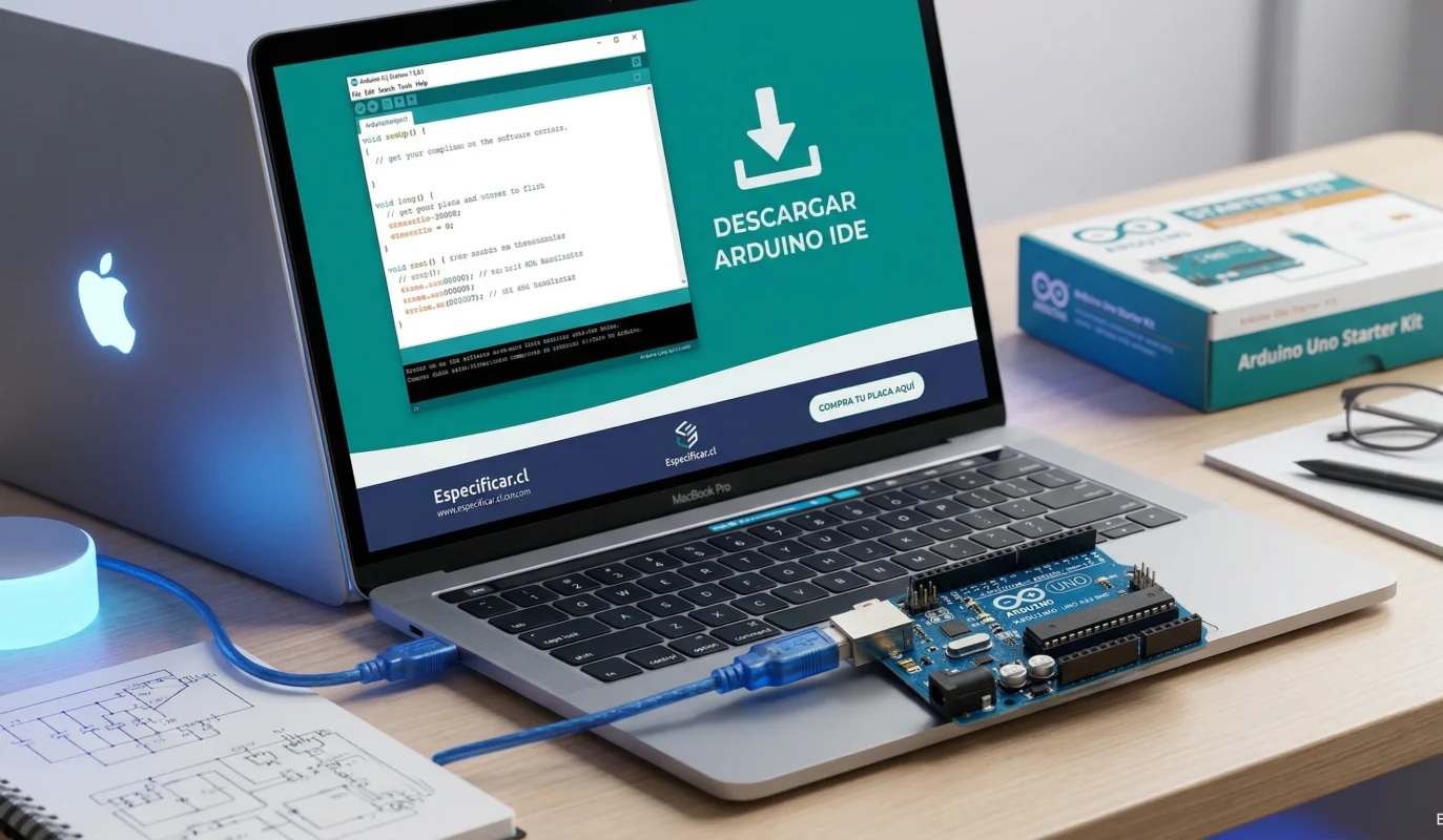 ¿Dónde y Cómo Descargar Arduino IDE Fácil y Rápido? "Laptop mostrando el software y un botón para donde descargar Arduino IDE, junto a una placa Arduino Uno física de la tienda Especificar.cl sobre un escritorio de trabajo.