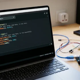 Pantalla de ordenador mostrando el Arduino IDE con un código básico en lenguaje C++ junto a una placa Arduino Uno conectada por USB.