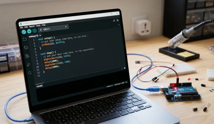 Pantalla de ordenador mostrando el Arduino IDE con un código básico en lenguaje C++ junto a una placa Arduino Uno conectada por USB.