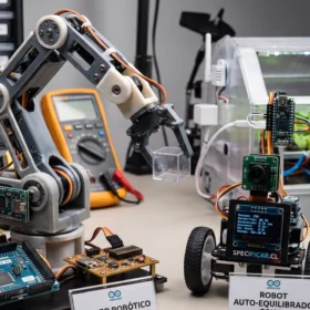 Vista superior de una mesa de trabajo con tres proyectos innovadores para Arduino: un robot autónomo WiFi, un sistema de riego inteligente y control por gestos en un entorno profesional.