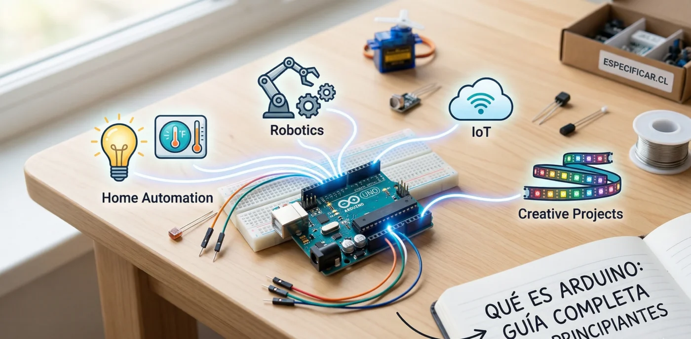 ¿Qué es Arduino? La Guía Definitiva sobre el Cerebro de la Electrónica Maker Imagen de portada para artículo 'Qué es Arduino', mostrando una placa Arduino Uno conectada por líneas de luz a iconos de robótica, domótica e IoT sobre un banco de trabajo de especficar.cl