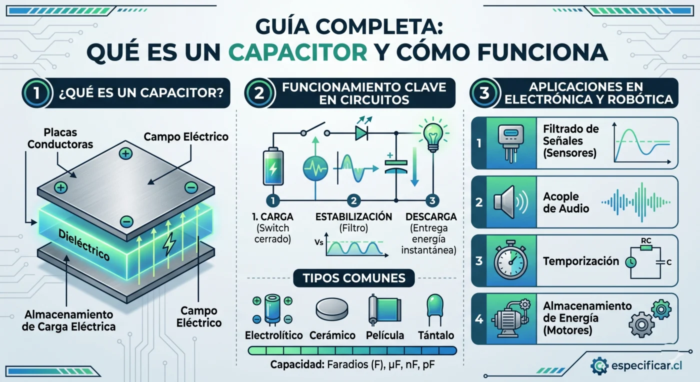 Infografía educativa sobre qué es un capacitor y su funcionamiento, mostrando su estructura interna con placas conductoras y dieléctrico, tipos comunes de condensadores y aplicaciones en sensores y robótica.