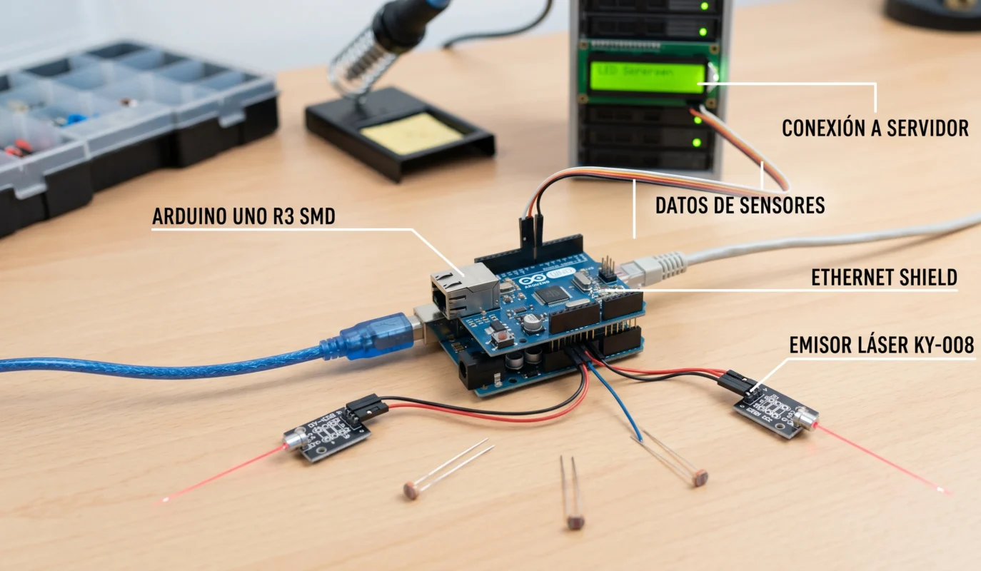 Placa Arduino Uno conectada a un Ethernet Shield para añadir conectividad de red, mostrando cómo se apilan los componentes.