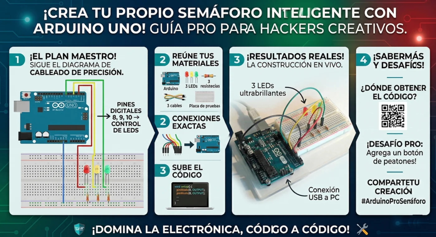 Esquema de conexiones Fritzing para un proyecto de semáforo con Arduino Uno, que muestra tres LEDs (rojo, amarillo, verde), resistencias de limitación de corriente y cables de puente sobre una protoboard.