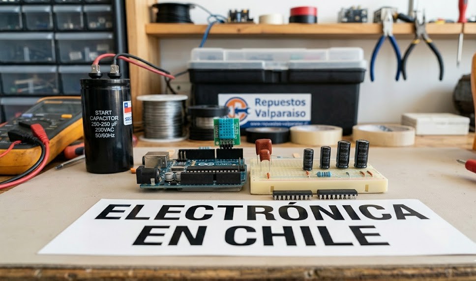 Componentes electrónicos con bandera chilena y mapa de Chile
