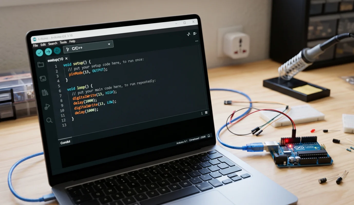 Código C++ en pantalla de Arduino IDE