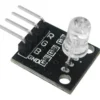 Módulo LED RGB KY-016 de 5mm con resistencias SMD integradas, mostrando los pines R, G, B y GND para conexión a microcontroladores.