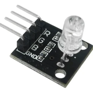 Módulo LED RGB KY-016 de 5mm con resistencias SMD integradas, mostrando los pines R, G, B y GND para conexión a microcontroladores.