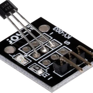 Módulo sensor magnético de efecto Hall KY-003 color negro mostrando el circuito impreso y sus tres pines de conexión para microcontroladores.