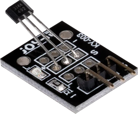 Módulo sensor magnético de efecto Hall KY-003 color negro mostrando el circuito impreso y sus tres pines de conexión para microcontroladores.