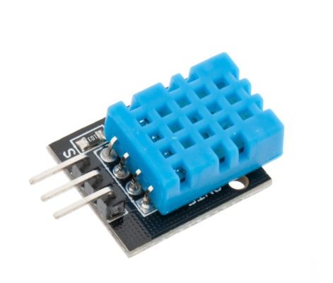 Módulo sensor digital de temperatura y humedad DHT11 de color azul con 3 pines de conexión para placas Arduino.