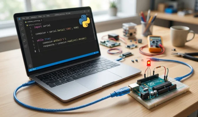 Laptop mostrando un script de código para integrar Arduino con Python, conectada mediante cable USB a una placa Arduino Uno con un circuito LED encendido.