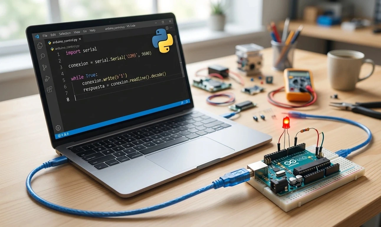 Laptop mostrando un script de código para integrar Arduino con Python, conectada mediante cable USB a una placa Arduino Uno con un circuito LED encendido.