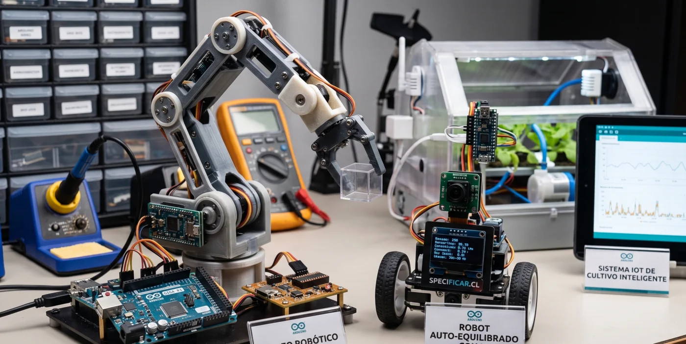 Colección de proyectos Arduino sobre mesa de trabajo