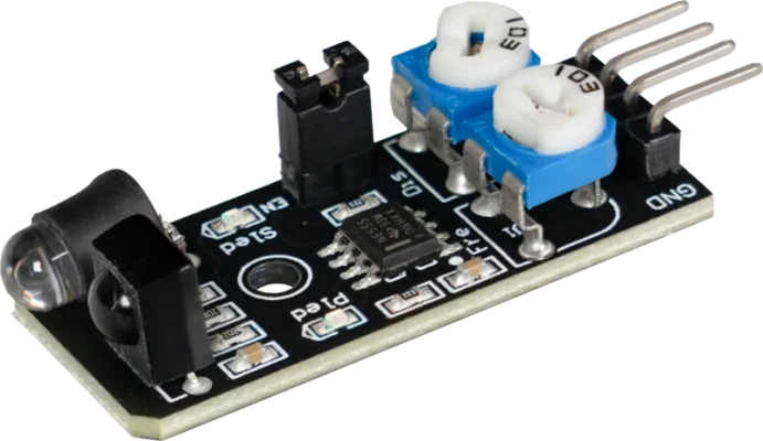 : Módulo sensor infrarrojo evasor de obstáculos KY-032 con potenciómetros para ajuste de distancia, ideal para proyectos con placa Arduino.