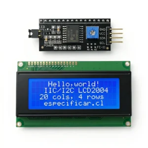 Módulo de pantalla LCD 20x4 con adaptador I2C y fondo azul conectada a un microcontrolador