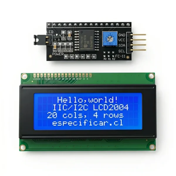 Módulo de pantalla LCD 20x4 con adaptador I2C y fondo azul conectada a un microcontrolador.