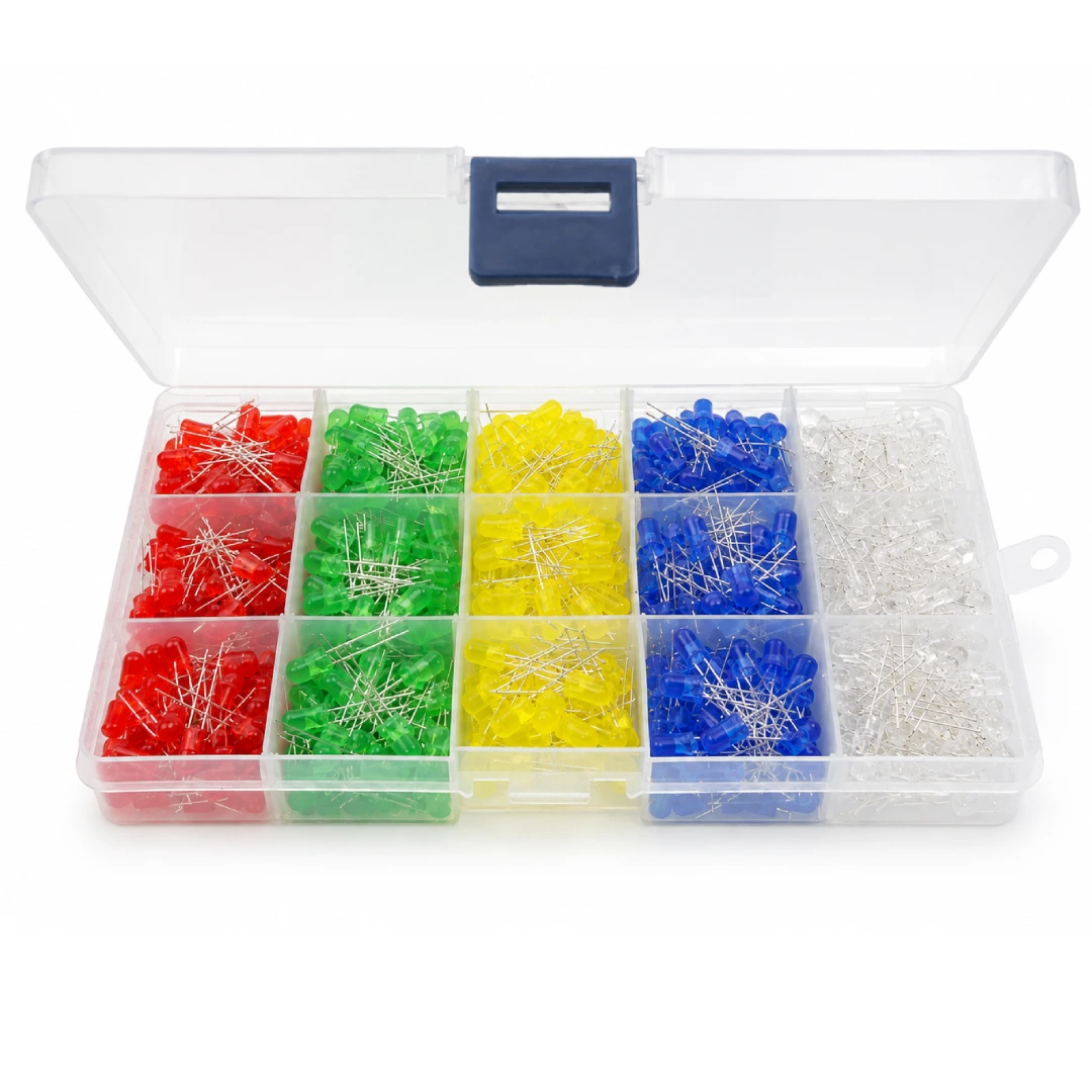 Caja plástica organizadora transparente con 500 LEDs de 5mm divididos en 5 colores