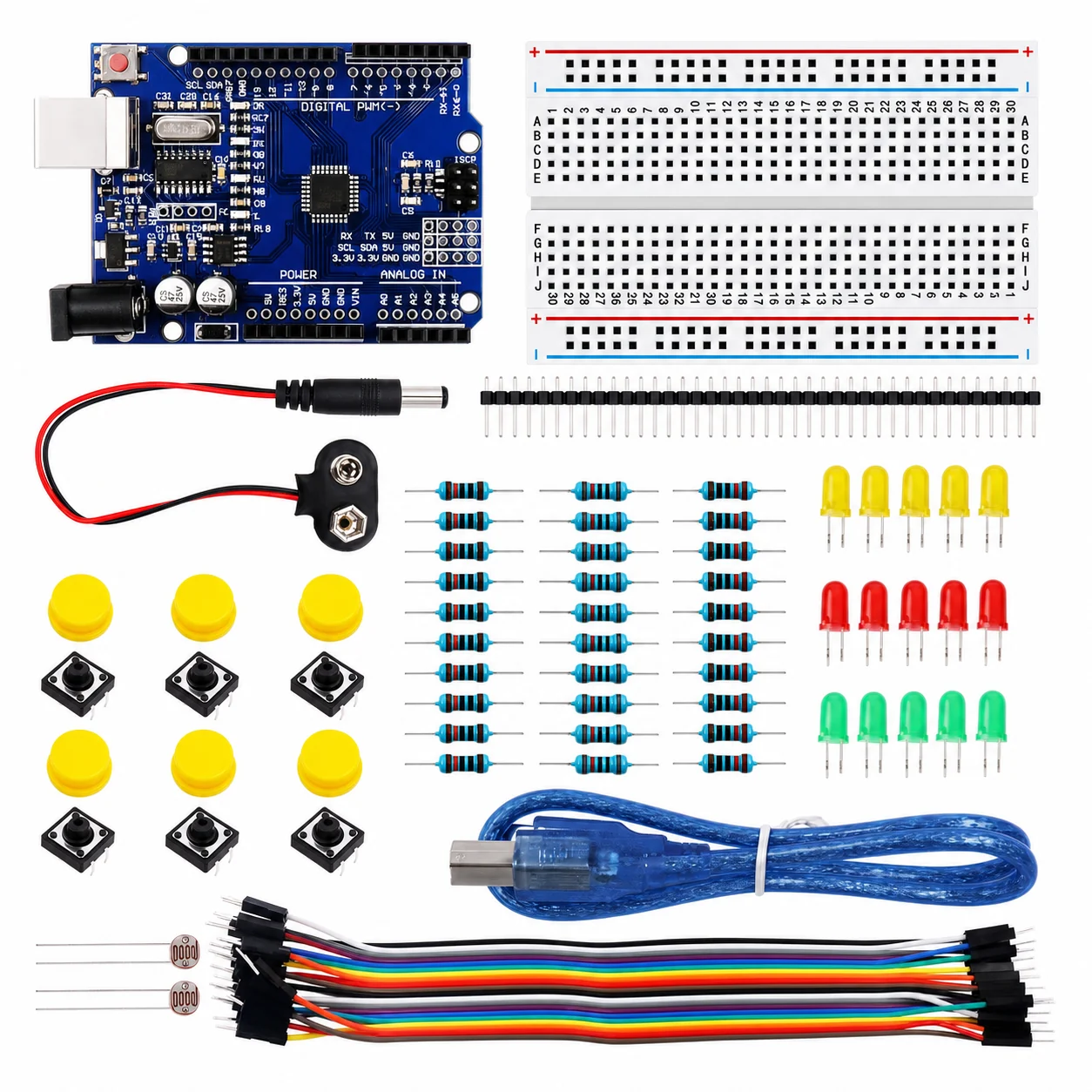 Kit Arduino Uno R3 con placa de pruebas, LEDs, resistencias y cables para proyectos de robótica y educación STEAM.