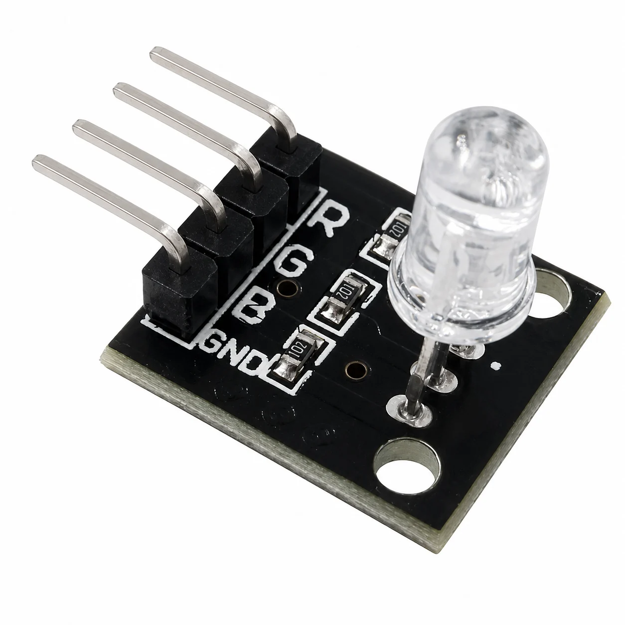 Módulo LED RGB KY-016 de 5mm con resistencias integradas y pines de conexión para Arduino.