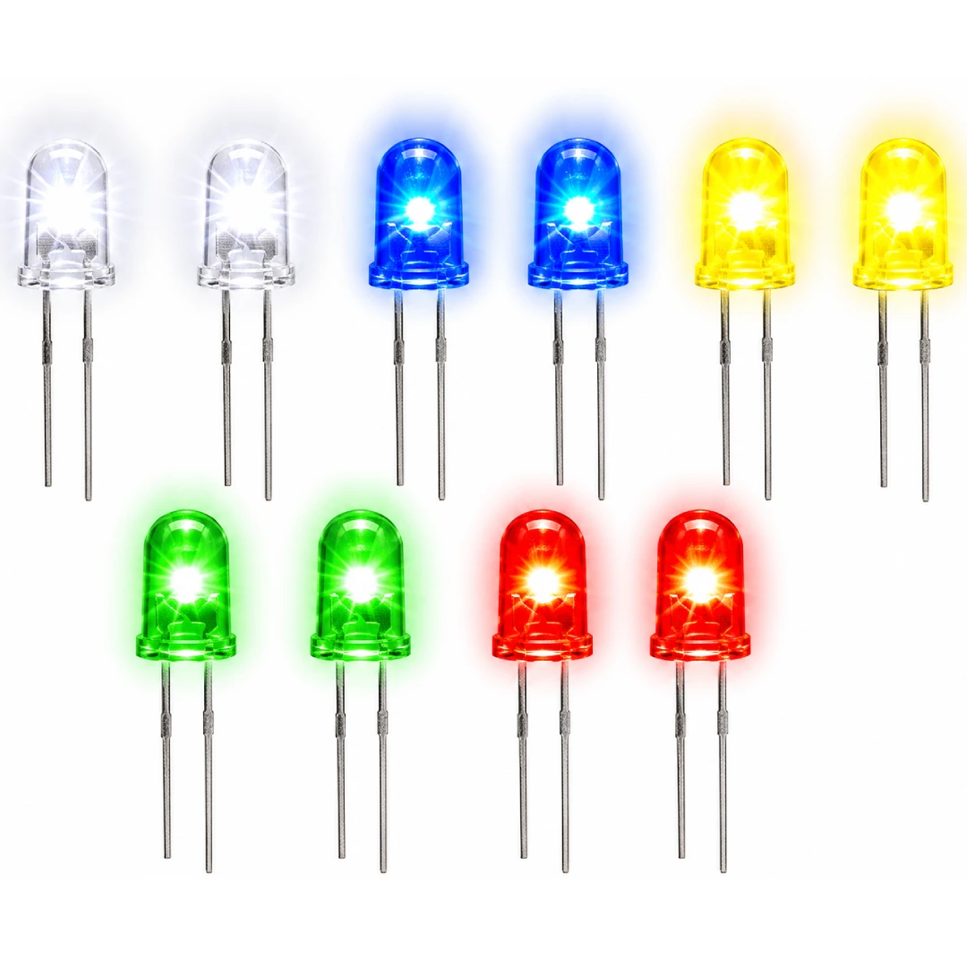 Pack de 10 LEDs de 5mm en 5 colores distintos (Rojo, Verde, Amarillo, Azul, Blanco)