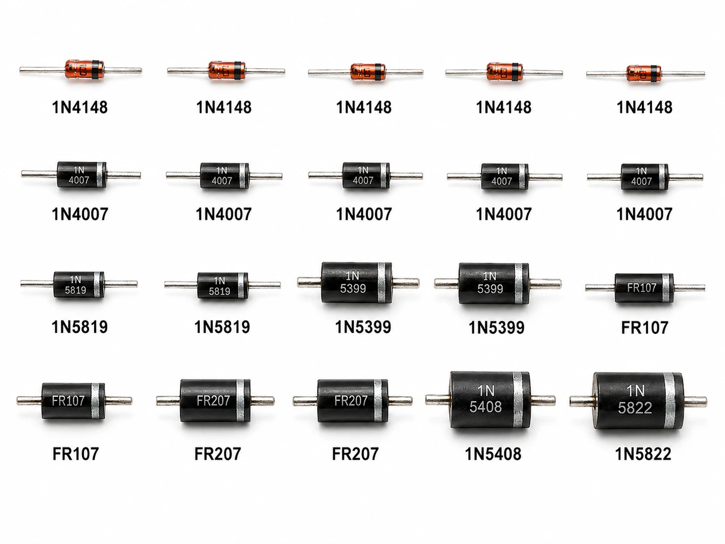 Pack de 20 diodos surtidos 1N4148, 1N4007, rectificadores y Schottky