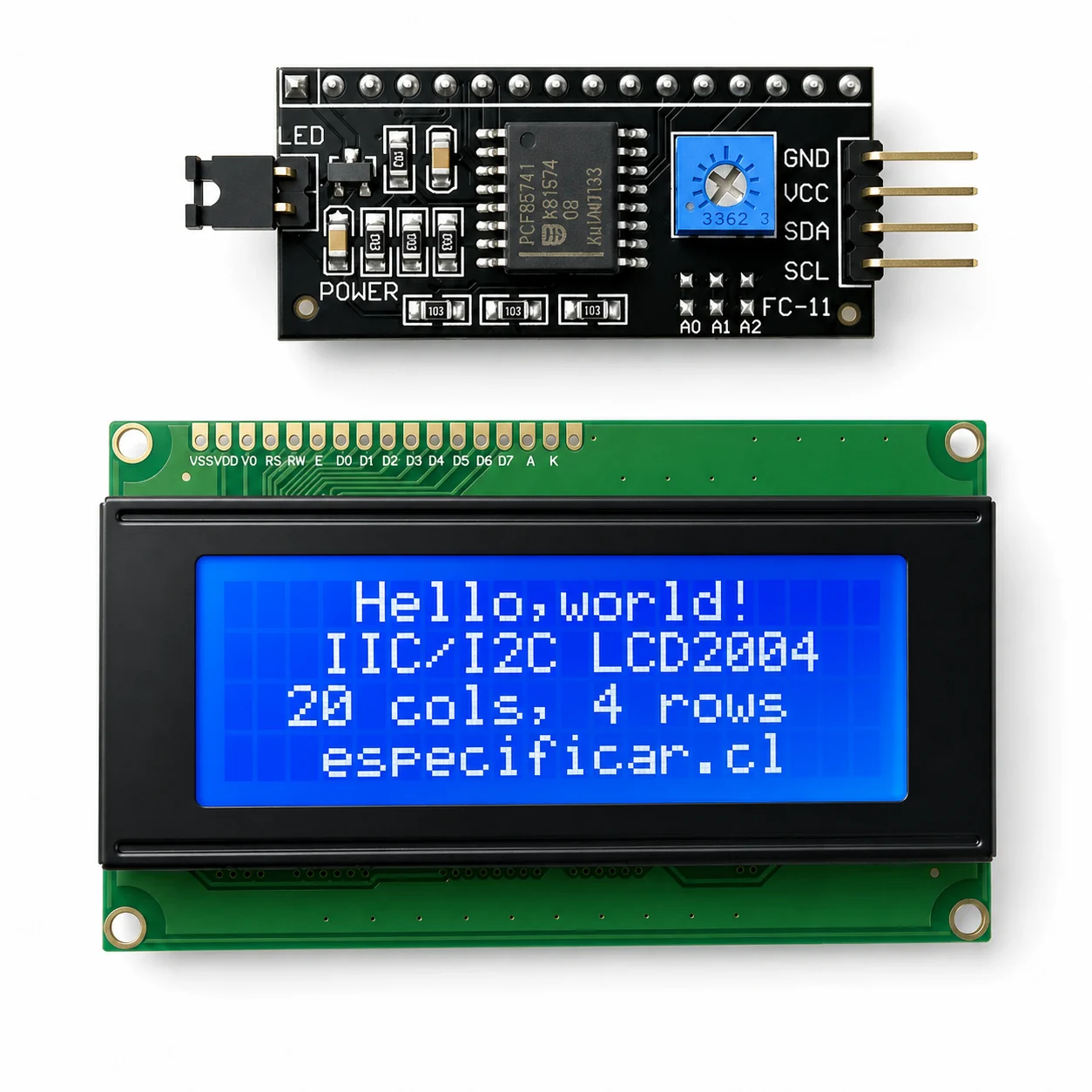 Módulo de pantalla LCD 20x4 con adaptador I2C y fondo azul conectada a un microcontrolador.