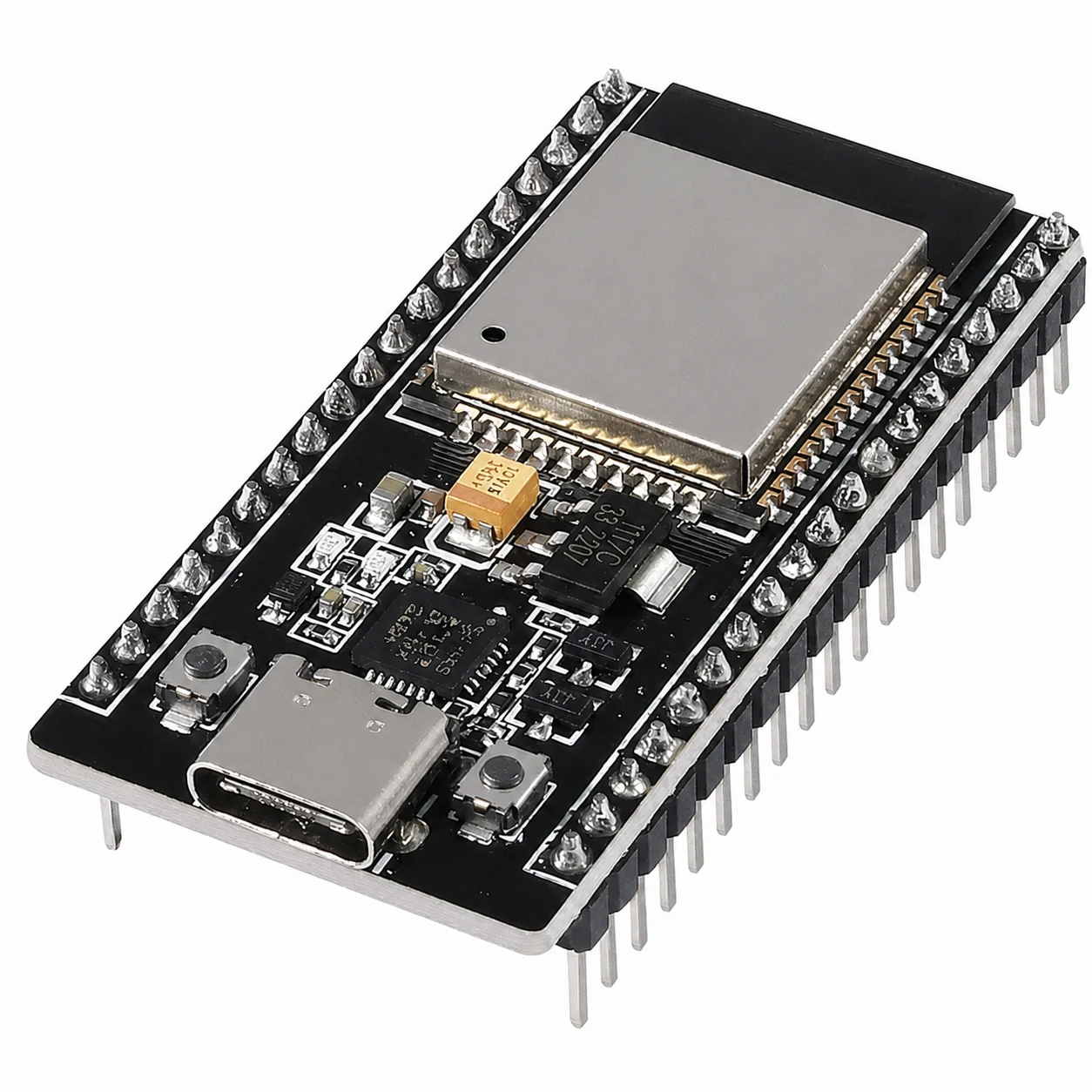 Placa de desarrollo ESP32 de 38 pines con puerto USB Tipo-C y conversor CP2102 vista en detalle.