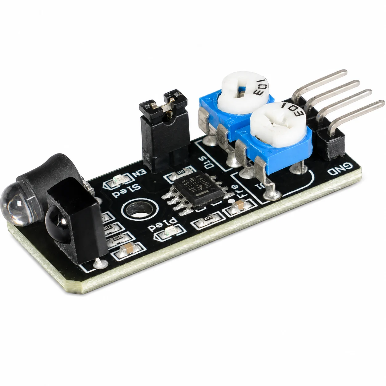 Módulo sensor infrarrojo evasor de obstáculos KY-032 con potenciómetros para ajuste de distancia, ideal para proyectos con placa Arduino.